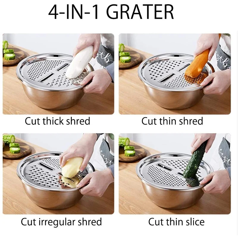 

4 In 1 Stainless Steel Vegetable Julienne Grater Kitchen Accessories Vegetable Slicer Salad Maker Bowl Cutter Drain Basket
