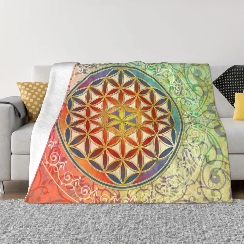 

Фланелевое Одеяло с рисунком лотоса, мягкое теплое одеяло с священным геометрическим рисунком для офисной кровати, кушетки, семейные подарки, мандала, цветок жизни