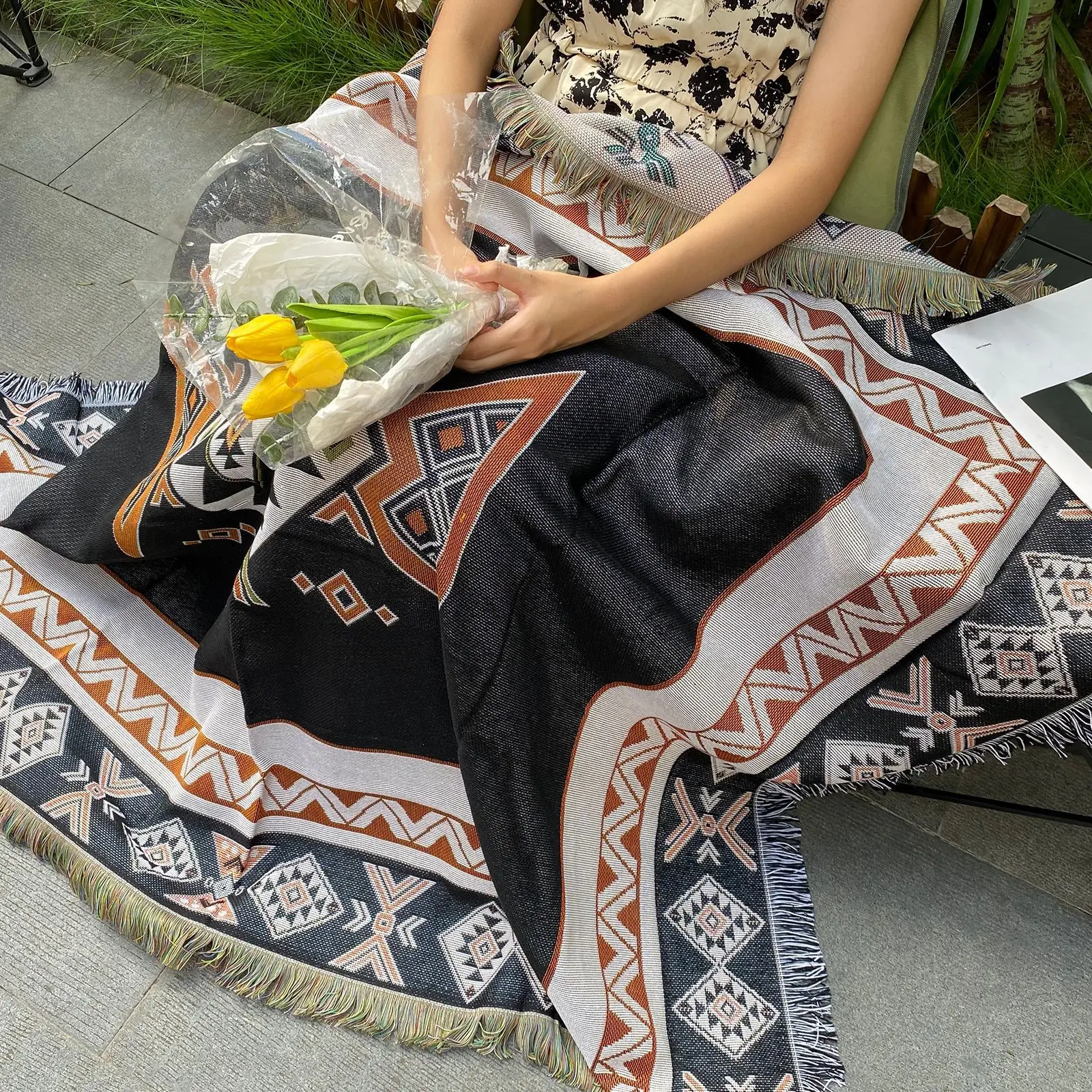 Пледы в богемном стиле одеяло двустороннее бохо хиппи цветное цветочное подарки