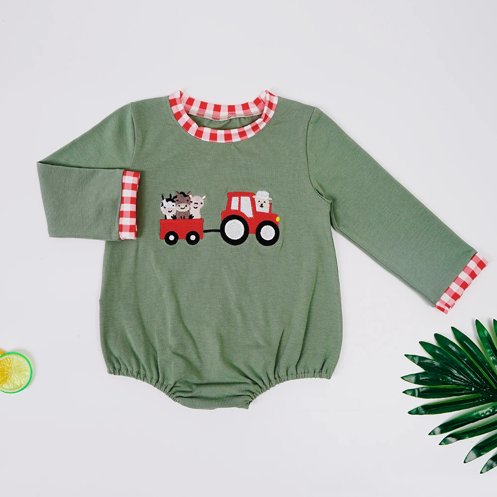 

0-3Yrs New Design Newborn Baby Boys Romper Pure Cotton Green Jumpsuit With Cartoon Truck Embroidery 1Pcs Autumn Pajamas For Kid
