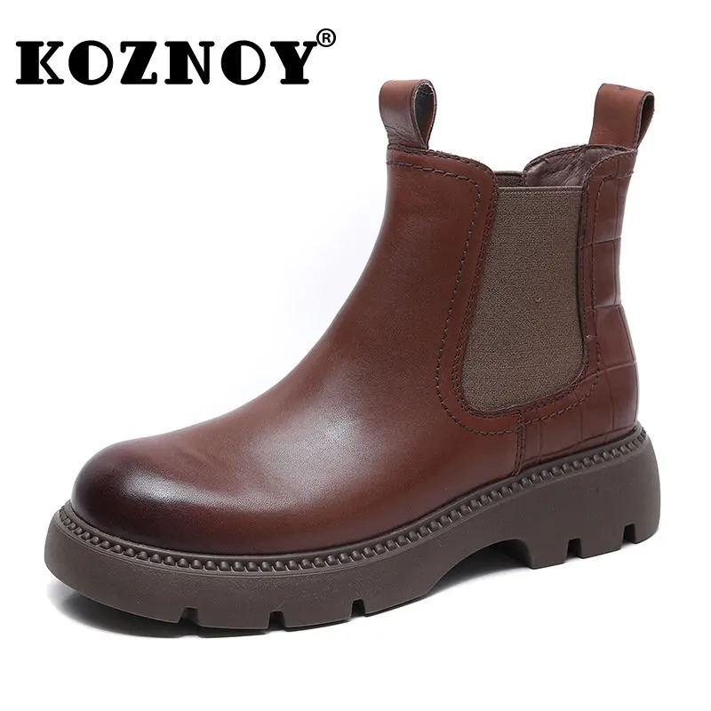 

Koznoy 4.5cm Cow British Genuine Leather Moccasins Spring Autumn Elastic Band Chelsea Chimney Mid Calf Boots for Women Fashion