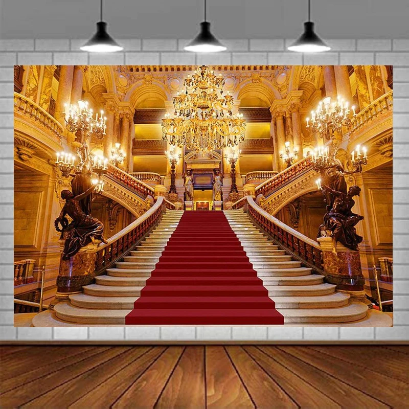 

Фон для фотосъемки с изображением красной ковровой дорожки дворца лестницы люстры декорация для свадьбы дня рождения баннер плакат