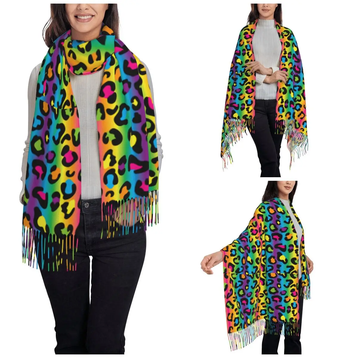Женский шарф с кисточками Радужный Леопардовый Длинный мягкий теплый и накидка