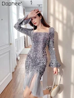 luxury sequin silver mini dress woman fashion 2022 spring socialite glitter short robe sexy hip fishtail sequin club dresses