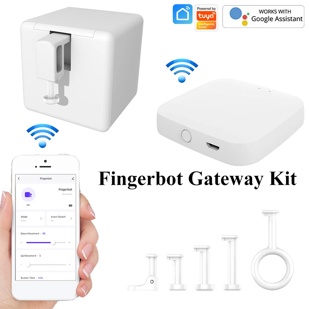 

Tuya Wireless Bluetooth Smart Finger Robot Timing Smart Home Voice Control Siri Google Assistant Button Fader Switch Gateway Kit