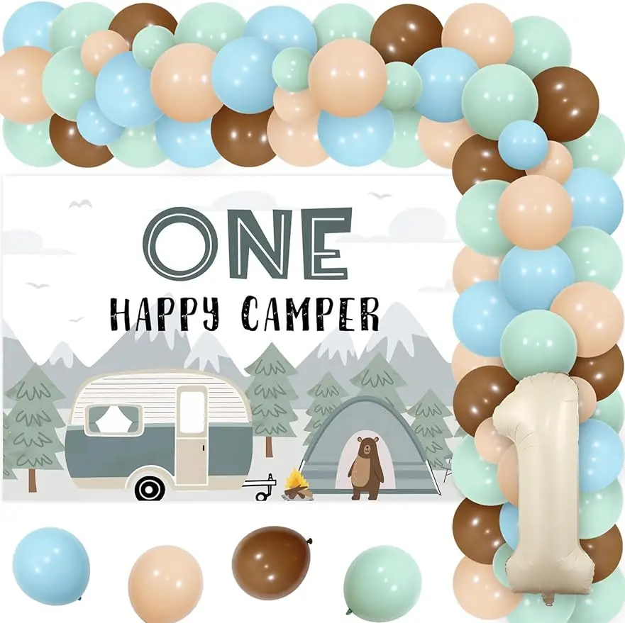 

Декор для дня рождения One Happy Camper для мальчиков, фон для кемпинга, комплект арки-гирлянды из воздушных шаров, дикие Приключения для кемпинга, 1-й день рождения