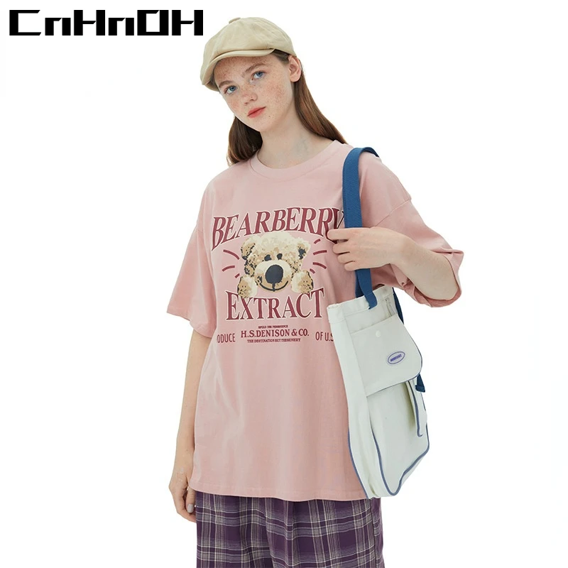 CnHnOH Fashion Korean Version of The Cartoon Bear Print T-shirt Women's Loose Couple Wear Tide Brand Hip-hop T-shirt Ins