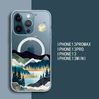 natural landscape painting phone case for iphone 13 12 mini pro max transparent super magnetic magsafe cover