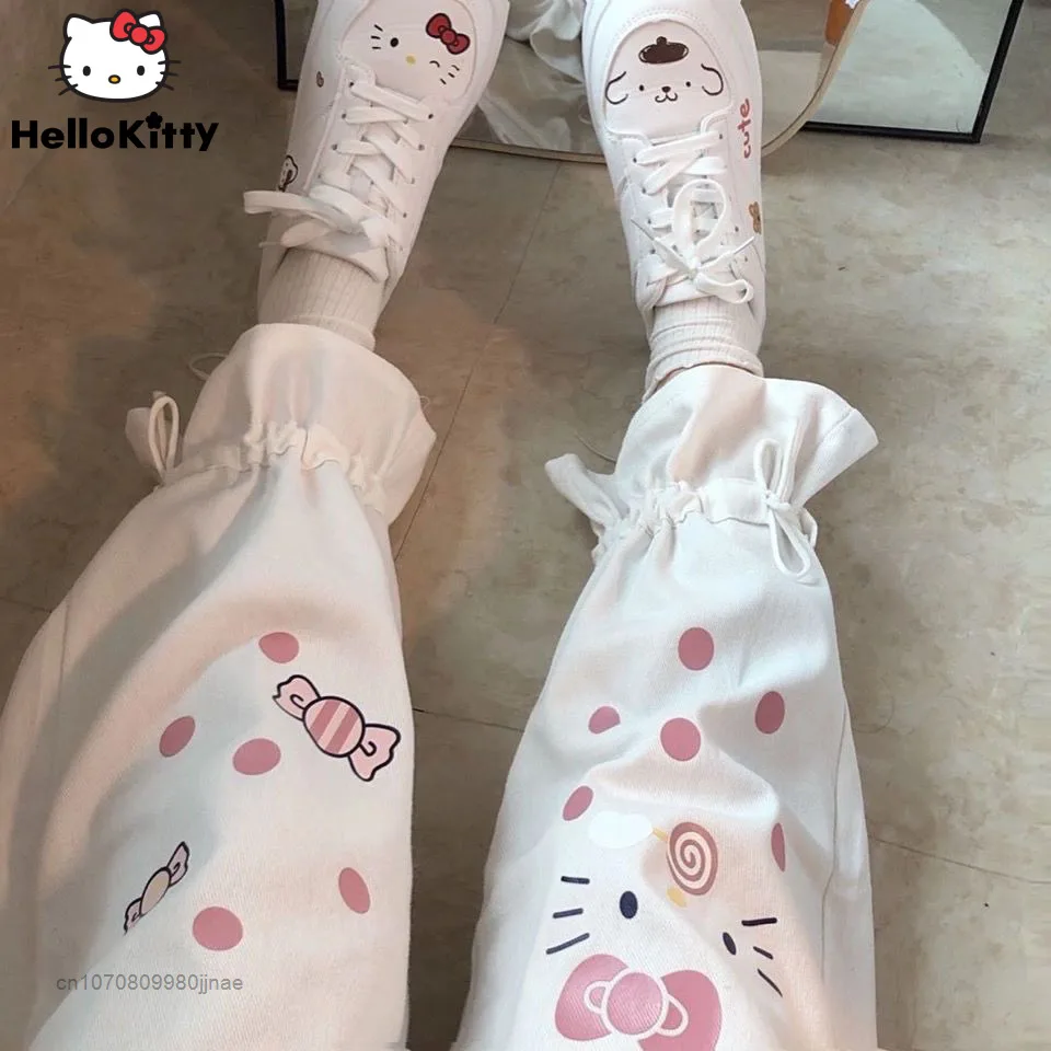 Sanrio Hello Kitty Y2k Casual Legged Pants Summer Cute Girls Japanese Sweet Student Wide Leg Pants Women Loose Versatile Clothes