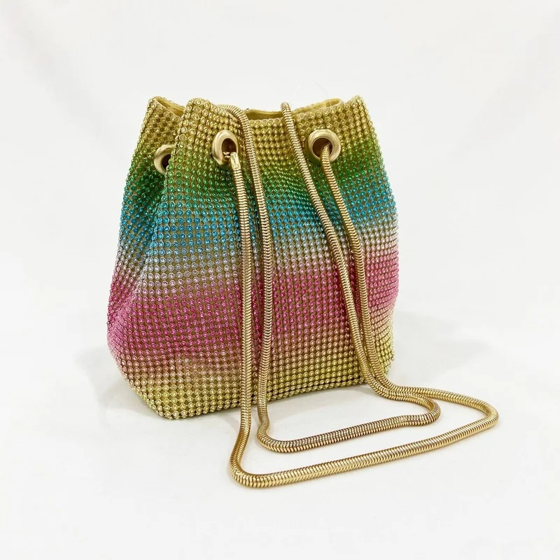 

Colored Rhinestones Handbag Gold Snake Chain Shoulder Bag Banquet Party Bridal Wedding Wallet Bucket Bag Portable Hand Women Bag
