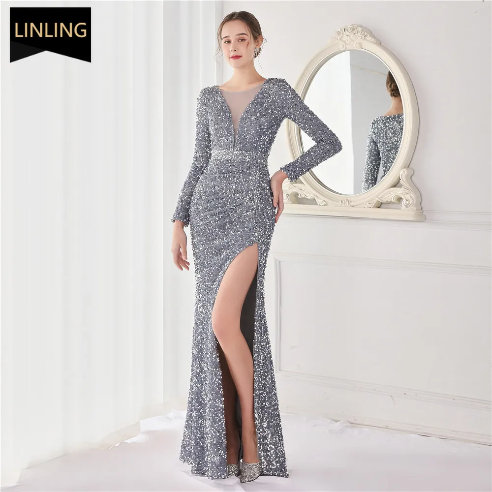 

Dress Women Elegant Maxi Luxury Party Sexy Long Sleeve Bodycon Split Vneck Classy Night Glitter Wedding Evening Prom Summer 2022