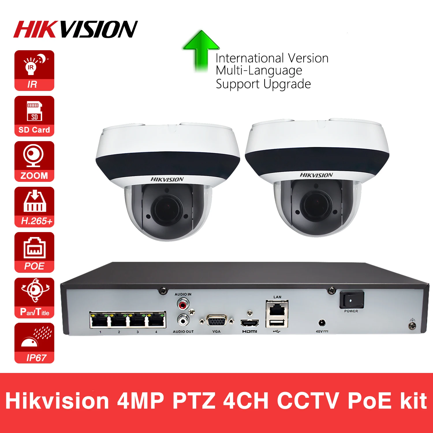 

Hikvision CCTV Kit 4CH PoE NVR DS-7604NI-K1/4P IP Camera DS-2DE2A404IW-DE3 4MP 4x Zoom PTZ IK10 IP67 Security Surveillance Sys