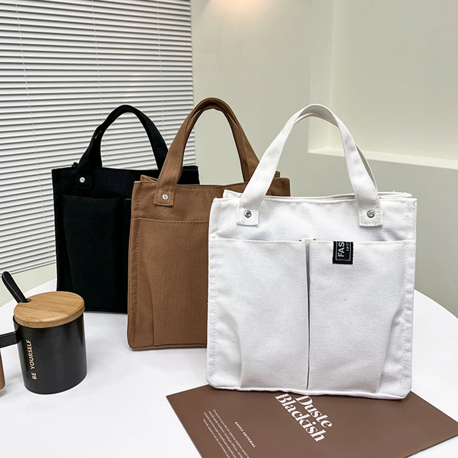 Large Capacity Magnetic Buttons Closure Plain Color Handbags Multi-pocket Daily Use Pack