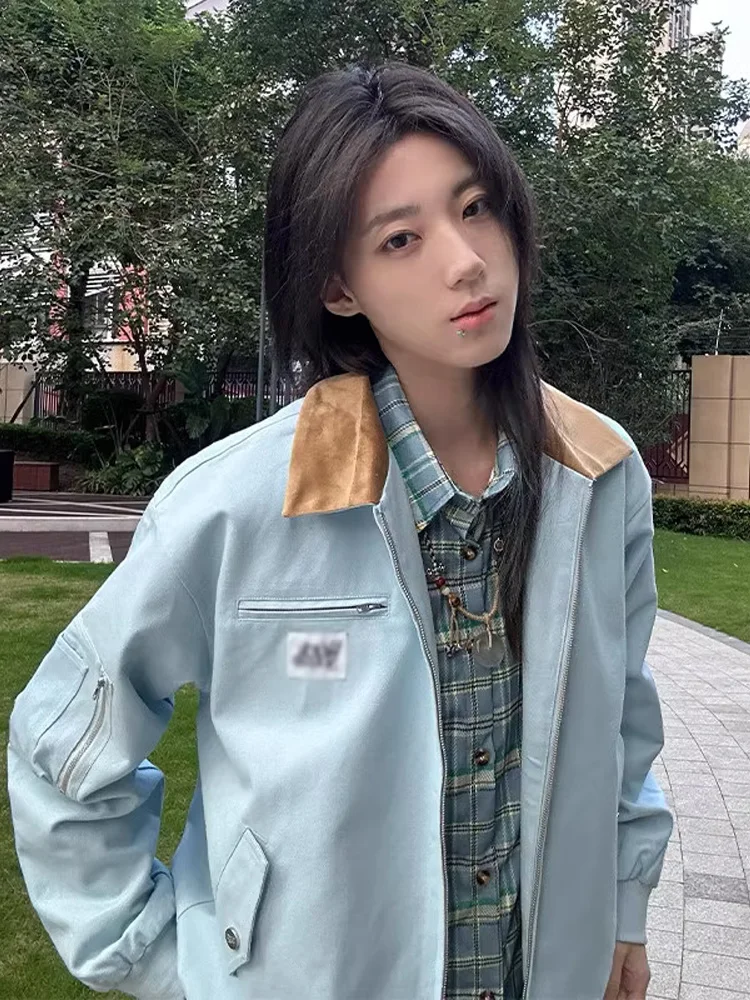 American Lapel Bomber jacket Men's Autumn and Winter Fashion Brand Detroit Cargo Short Outerwear Cleanfit Baseball Uniform