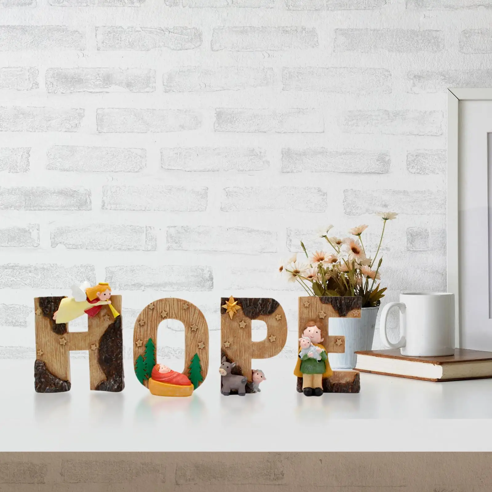 

Letters Hope Sign Sculpture Miniature Nativity Sets for Christmas Nativity Baby Jesus Figurine for Church Living Room Mantel