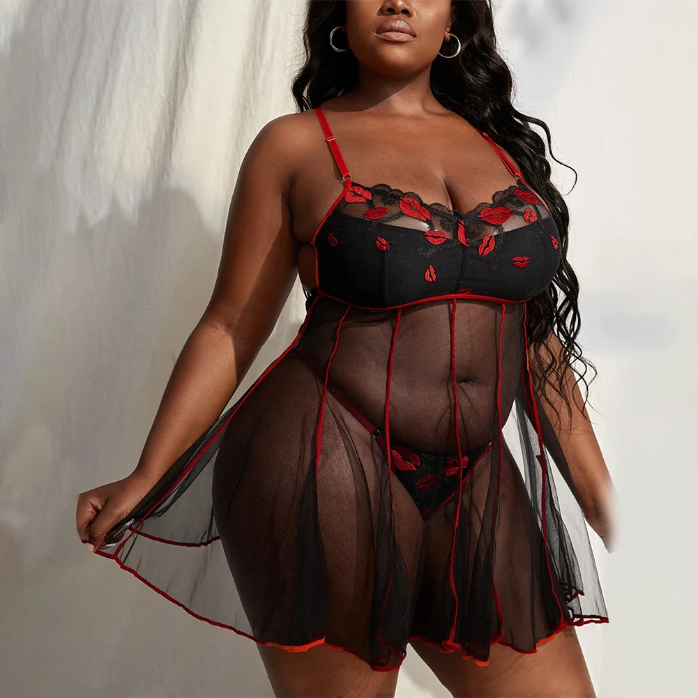 

Plus Size Women Sexy Lingerie Chemise Sleepwear Lace Dress G-string Nightdress Transparent Suspender Skirt Large Lace XL-4XL