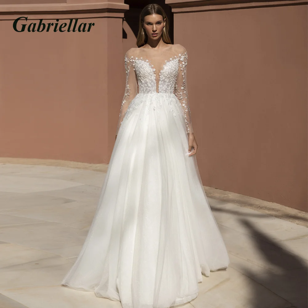 

Gabriellar Luxury Wedding Gown Floral Appliques Beads Scoop Full-sleeves Backless A-line Illusion Robe De Mariée Customized