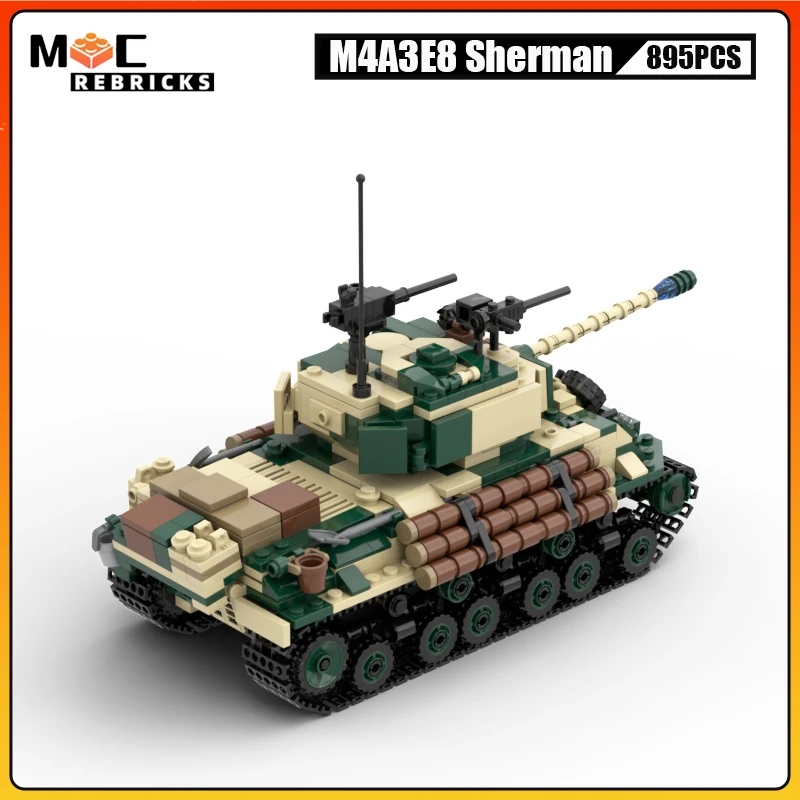 Фото Армейский танк времен Второй мировой войны M4A3E8 Sherman MOC, строительные блоки, военное оружие, трек, бронеавтомобиль, модель головоломки, кирпичи, игрушки, подарки для детей №4