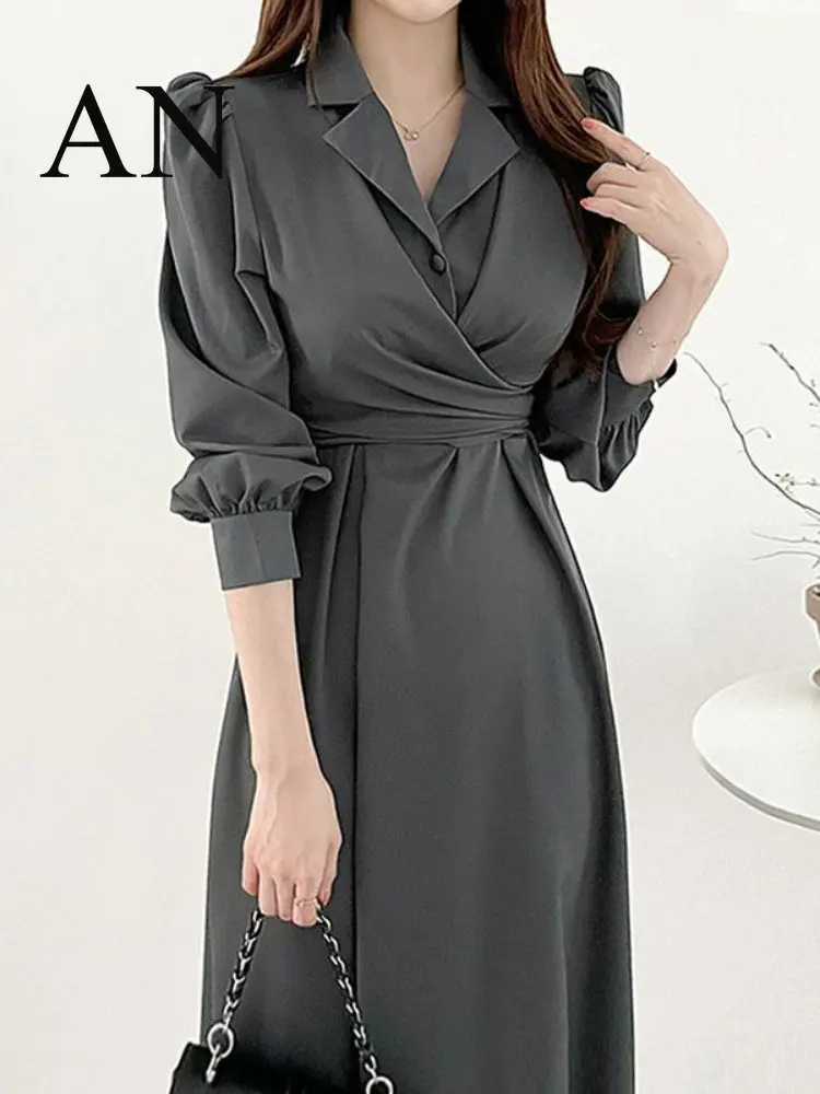 

French Elegant Early Spring Collar Cross Tie Waist Wrap Bubble Sleeve Shirt Dress Mid Length Dress Elegant Dresses for Women