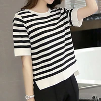 striped t shirt womens cotton bottom split short sleeved round neck thin loose and thin casual bottoming shirt summer tees