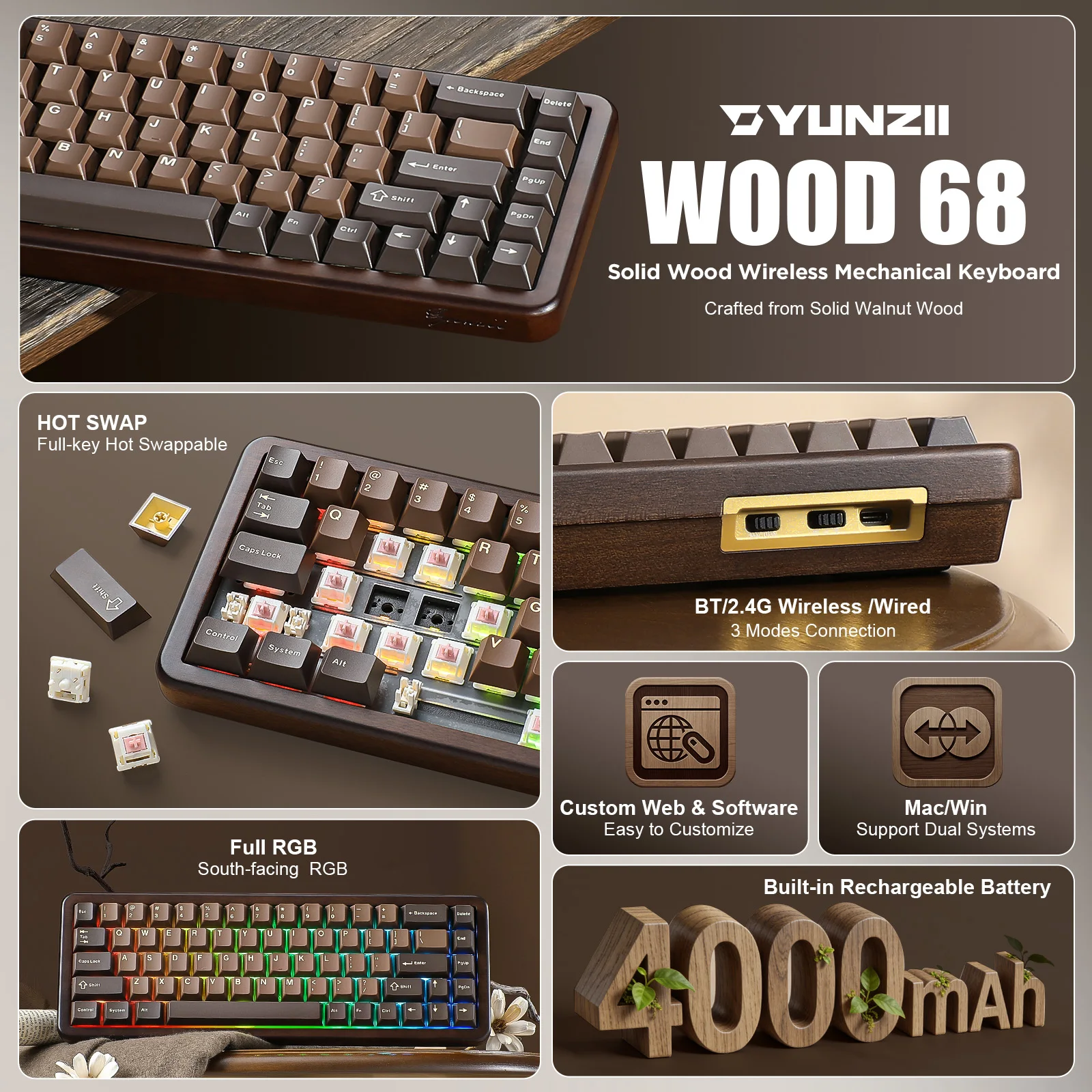 Фото Беспроводная механическая клавиатура YUNZII WOOD68, компактная, из орехового дерева, с RGB-подсветкой, крепление на поддон, горячая замена, три режима подключения для Mac/Win №2