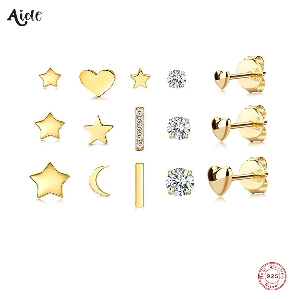 

Aide 925 Sterling Silver Mini Star Stud Earrings For Women Shiny Crystal Bar Triangle Round Geometric Glossy Ear Studs Set 3/4PC