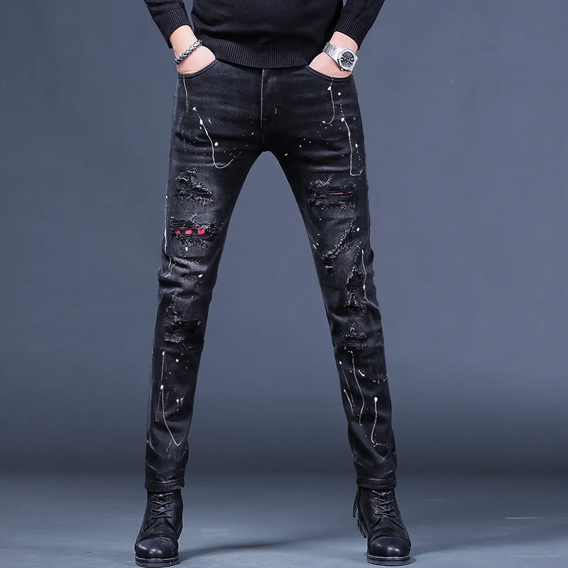 Autumn Ripped Patches Black Jeans Men Slim Fit Straight Pants Streetwear Fashion Dots Printed Stretch Denim Trousers CP2010