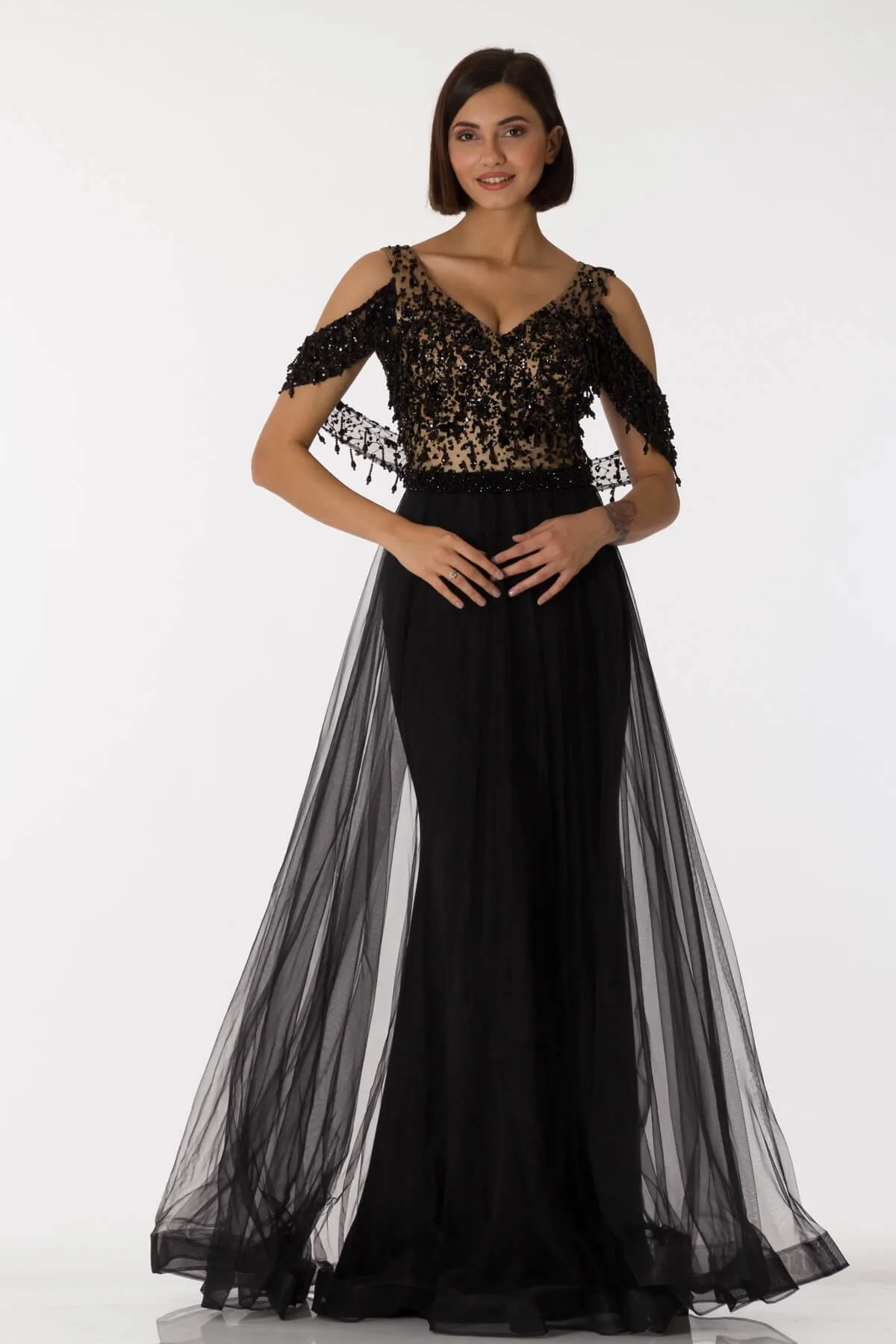 

Sequins Embroidered Gauze Black Evening Dress