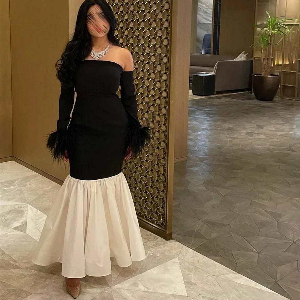 

Katerina Vintage Long Strapless Taffeta Evening Dresses With Feathers Mermaid Prom Dress Ankle Length Formal Party Dresses