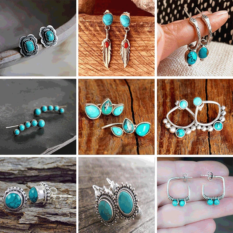 

Bohemian Openwork Metal Lotus Opal Stud Earrings Vintage Jewelry Antique Silver Color Detachable Joint Earrings Mujer