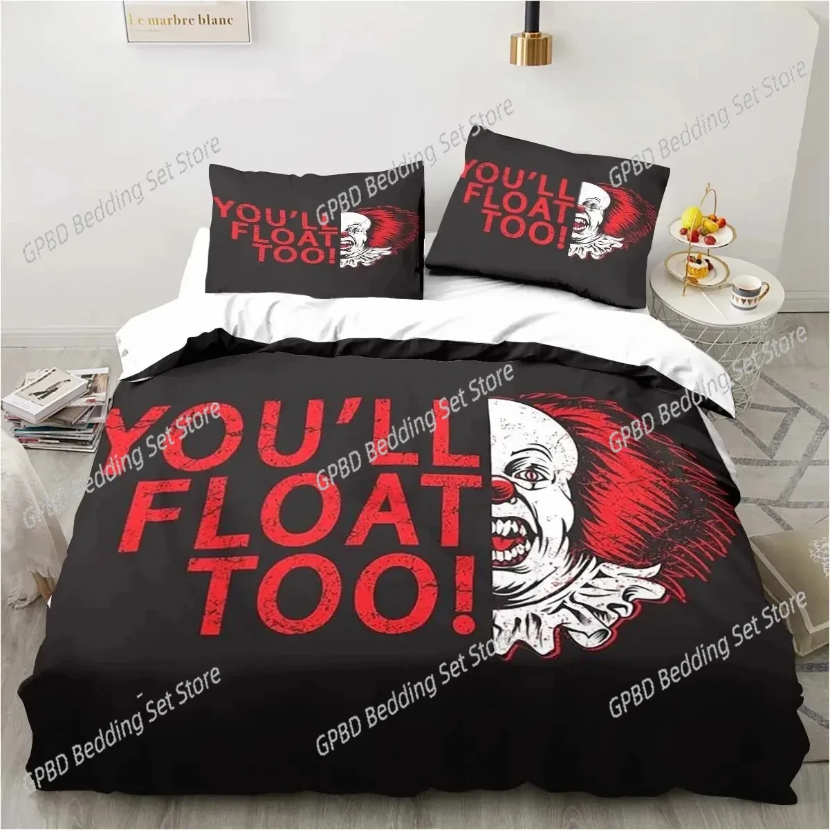 Фото Серия клоунов из фильмов ужасов Pennywise-IT, комплект постельного белья, пододеяльник, пододеяльник, королева, двойной размер для мальчиков и девочек, взрослых №3