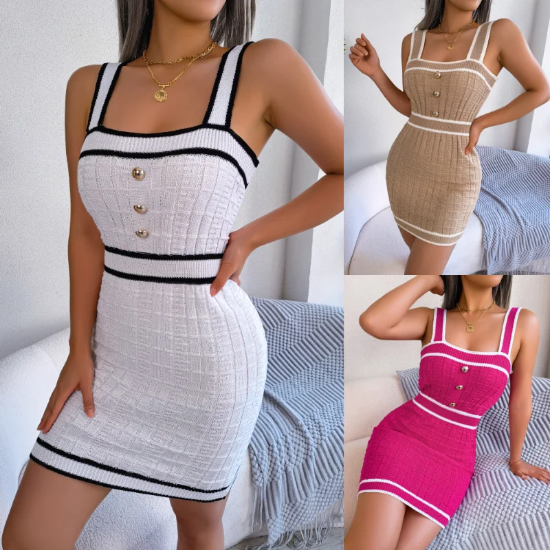 

Sexy Miniskirt Casual Square Neck High Waisted Sleeveless Short Skirt Buttons Knit Hip Wrap Dress Spring and Summer Dresses