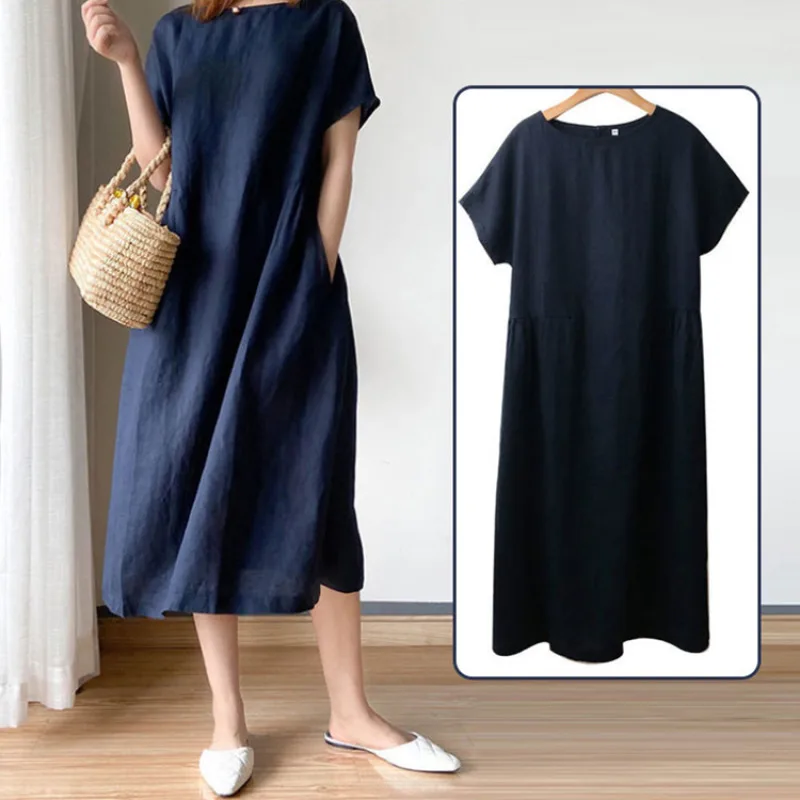 

Solid Color Line Cotton Loose Slimming Dress