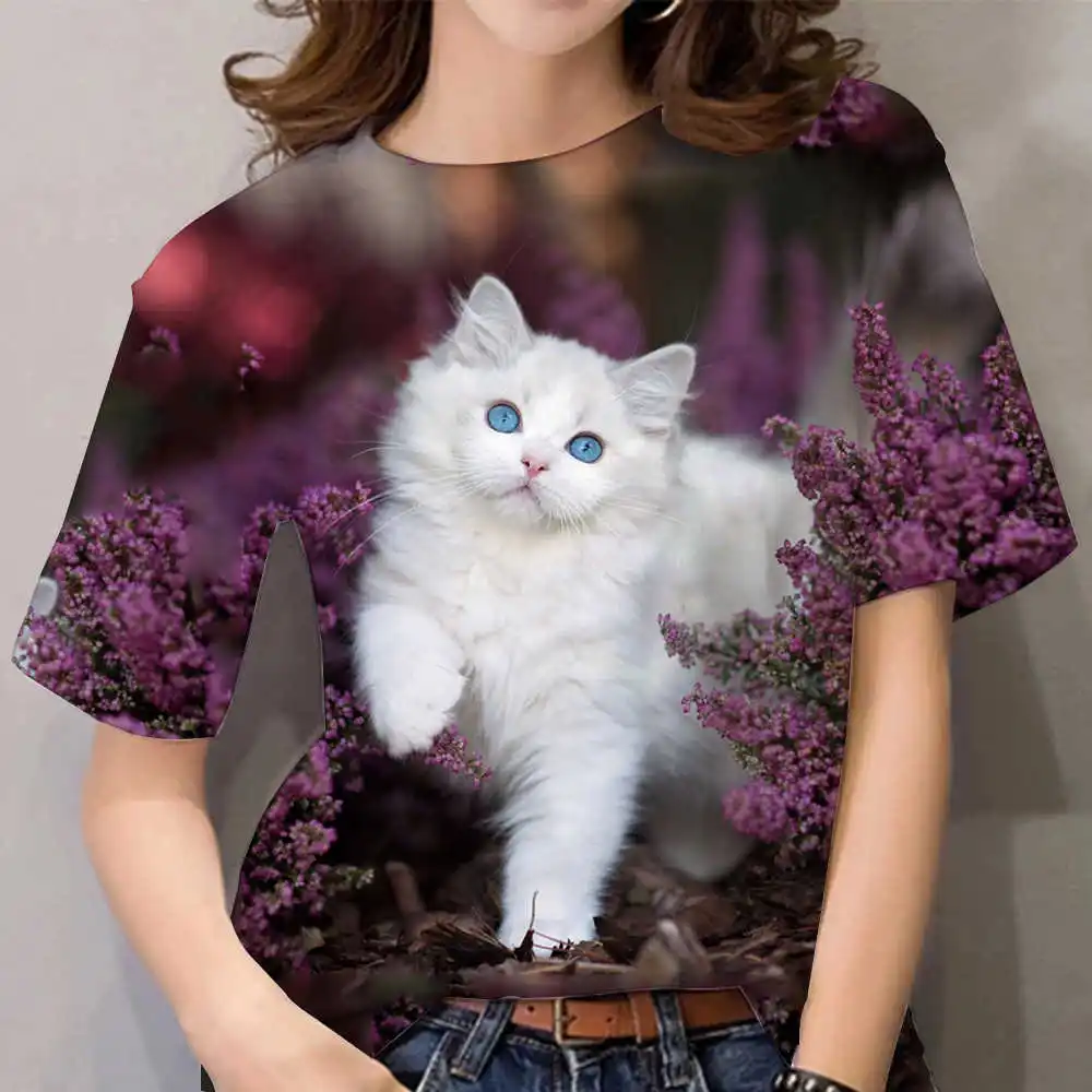 T-Shirt manches courtes femme  estival et surdimensionné  avec chat mignon imprimé en 3D  Animal