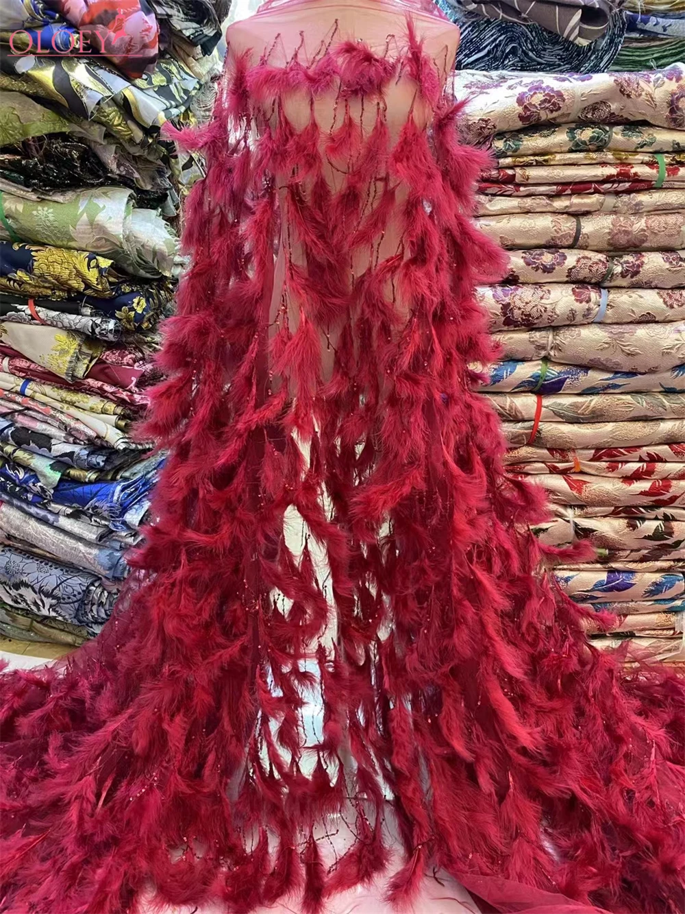 

High -End Luxury Catwalk French Mesh Feather Beaded Lace Fabric African With Sequin Fabric For Wedding Dress