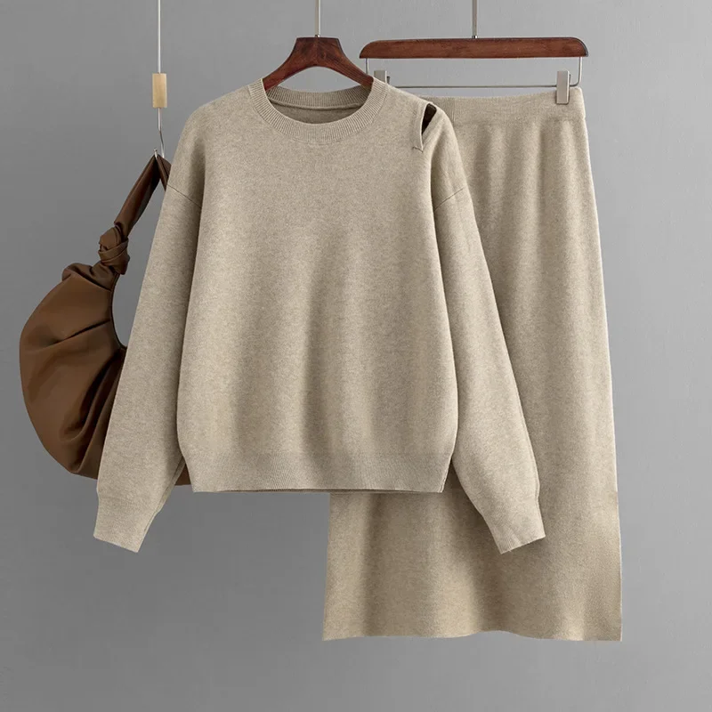 

2023 Autumn/Winter New Fashion Women's Set Net Red Loose Sweater Half Skirt Set Casual Loose Knitted Two Piece Set