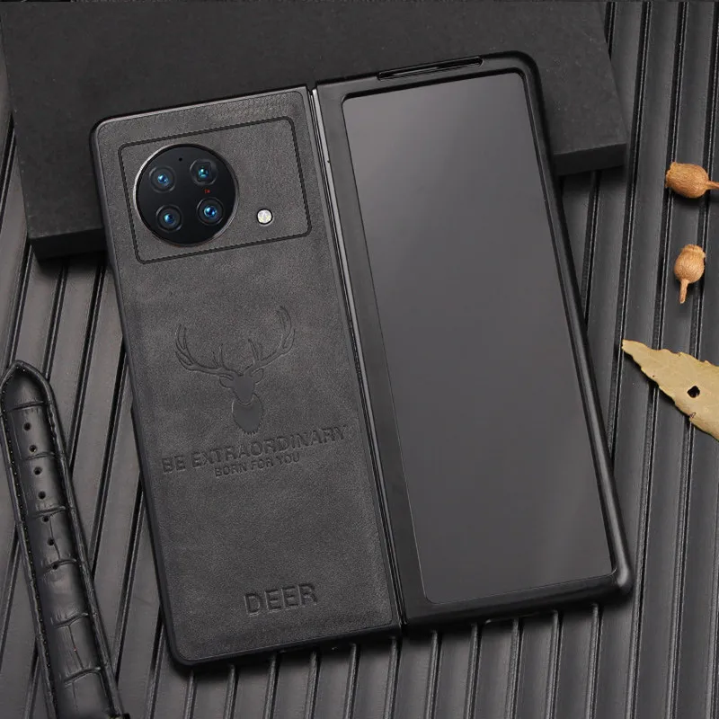 Luxury 2in1 Retro Genuine Leather Hard Phone Case for VIVO X Fold 5G Classic Vintage Deer Elk Head Texture Armor Back Cover