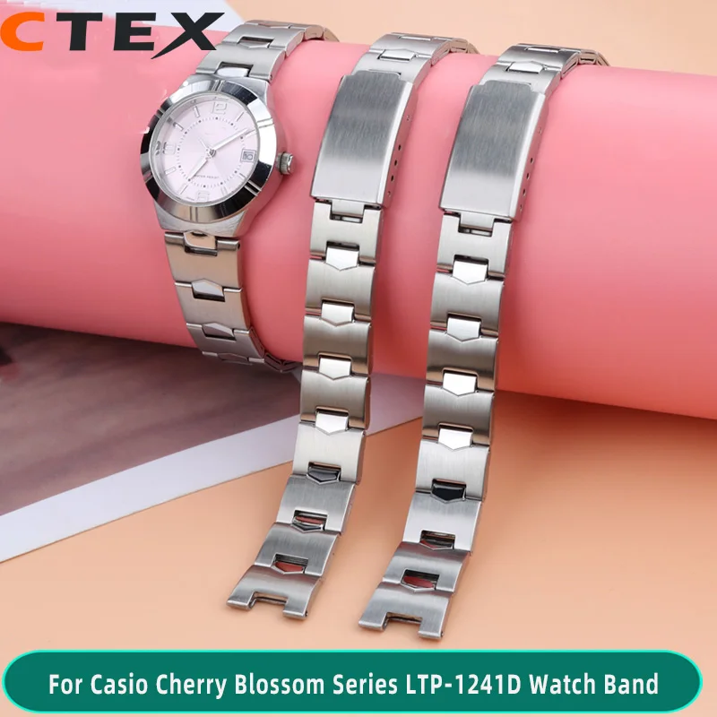 Women's Student Metal Watch Chain 14mm For Casio Cherry Blossom Series LTP-1241D Stainless Steel Metal Watch Band Female Connect
