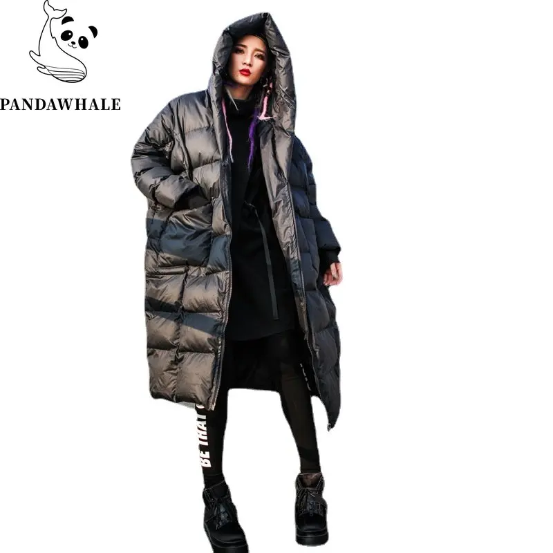 Winter Streetwear Loose Long Down Cotton Coats Solid Hooded Fashion Tops Thick Warm Padded Jacket Female Clothing Black Parkas