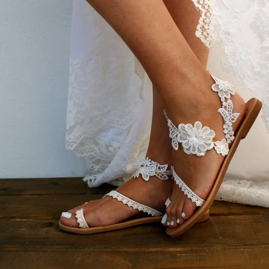 

Sandals Women Sexy Sandals Ladies Flat Shoes Lace Flowers Sweet Bohemian Sandals Summer Breathable Casual Beach Slippers Fashion