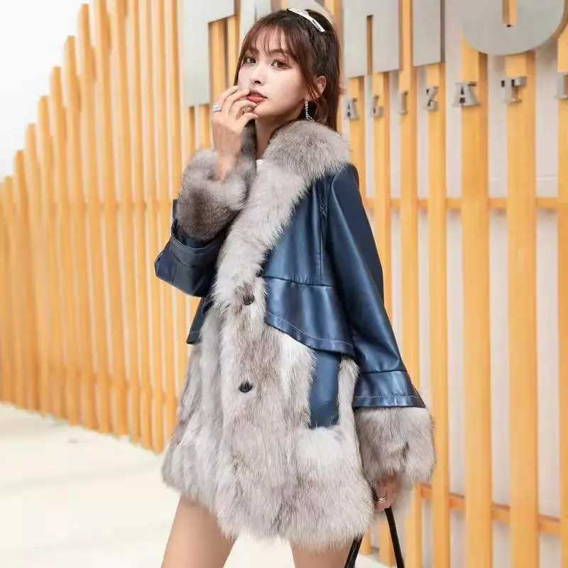 Winter Jacket Women 2022 New Mid Long Slim Black Faux Fur Coat Fox Fur Collar PU Leather Stitching Female Clothing Fashion Tops