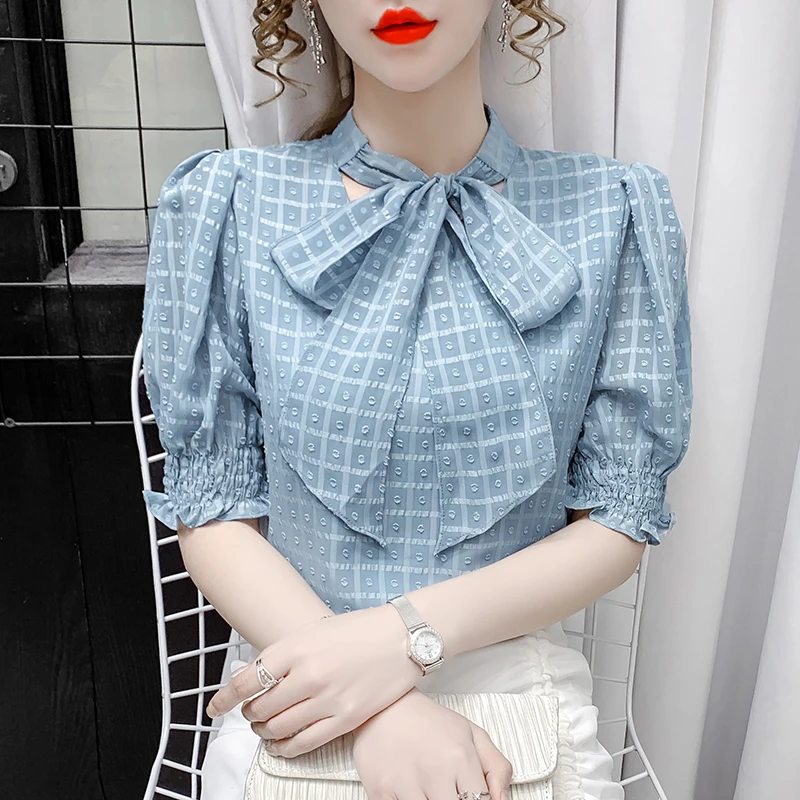 

Chiffon Woman Shirts Summer 2023 New Plaid Blouses Loose Short Sleeve Bow Printed Top O-neck Ladies Casual Clothing YCMYUNYAN