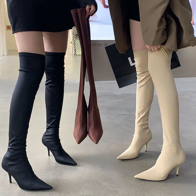 

Autumn Fashion Women Over the Knee Stretch Boots Pointed Toe Modern Ladies Sock Boots Slip On 2022 Female High Heels Pumps Shoes