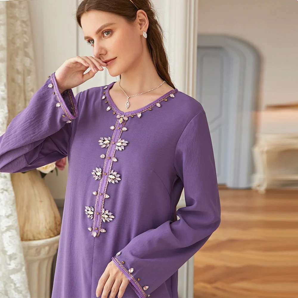 

Женское платье с треугольным вырезом Abaya, Сиреневое платье с ручной вышивкой и V-образным вырезом, свободное турецкое женское платье Дубая