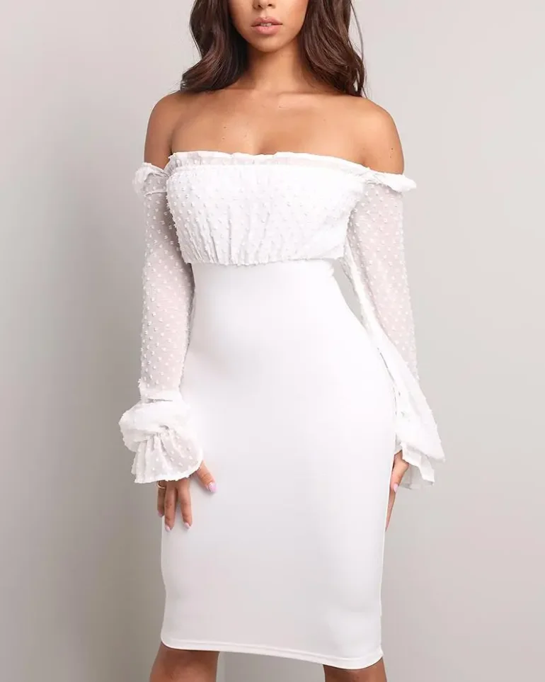 

2022 Summer Woman Sexy Off Shoulder Dots Mesh Splicing Lace-Up Back Long Sleeve Midi Party Dress