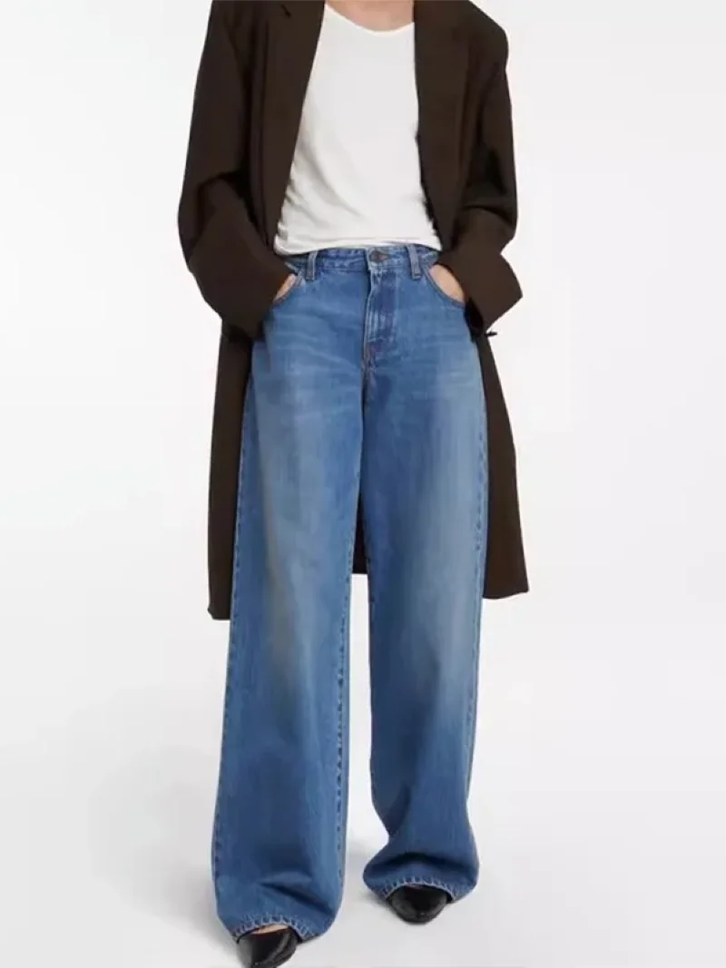 

Denim Pants for Women Mid-Waist Vintage Autumn Winter Wide Leg Jeans