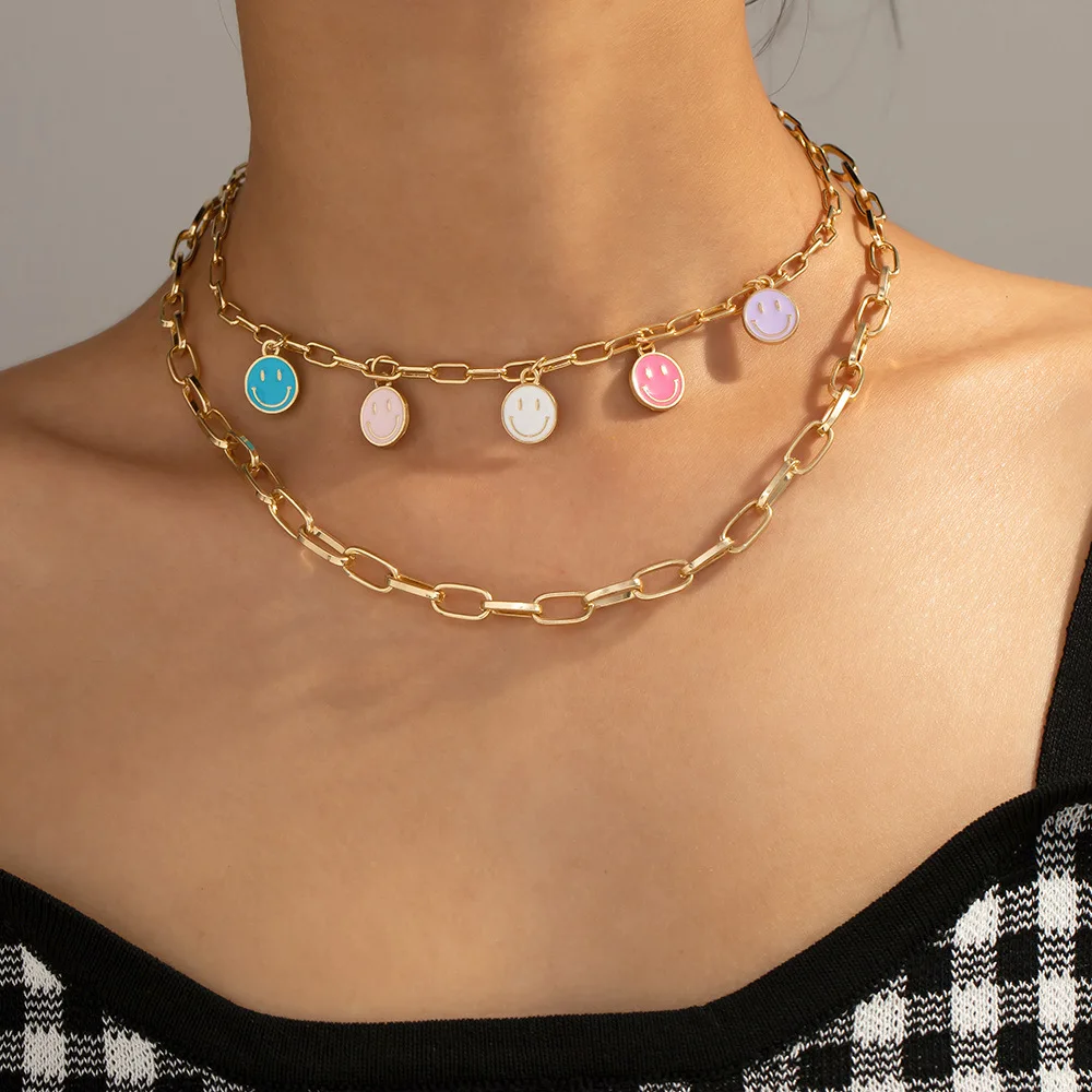 

Delicate Double Layer Smiley Face Necklaces for Women Girls Paperclip Chain Cute Round Smile Face Pendant Choker Jewelry Gifts
