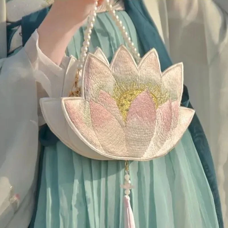 

Vintage Chinese Style Hanfu Accessories Bags Women Sweet Lotus Flowers Embroidery Handbag Lolita Faux Pearl Chain Tassels Bag