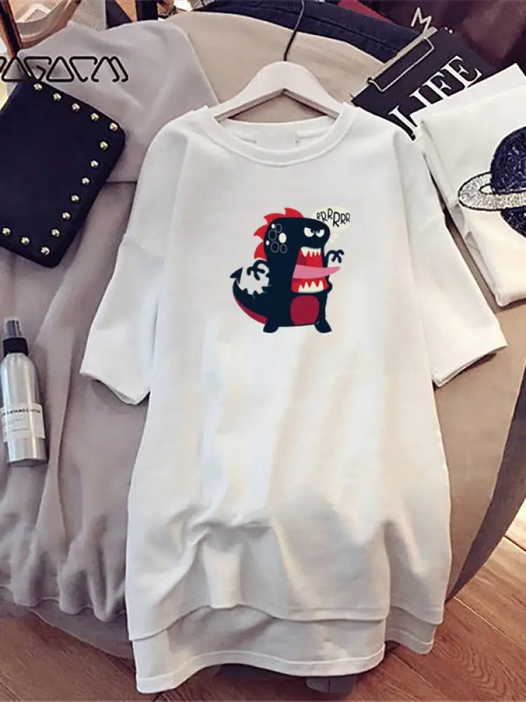 Kawaii Printed Nightdress for Women Diy Spring Summer Short Sleeve Cartoon Printed Homewear O Neck Casual Loose Pajamas Harajuku