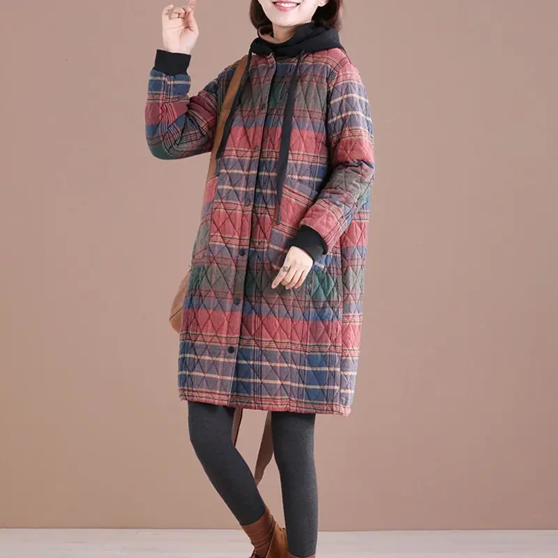 Women Vintage Winter Parkas Plaid Button Cotton Coats Hooded Pockets 2023 New Warm Female Clothes Korean Style Parkas Coats 2XL